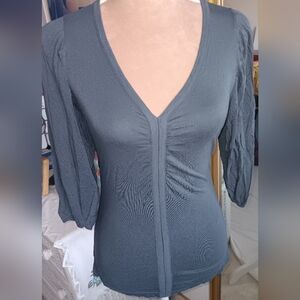 Kenar-Gray Neutral V-Neck Pleated 3/4 Inch Sleeve Blouse